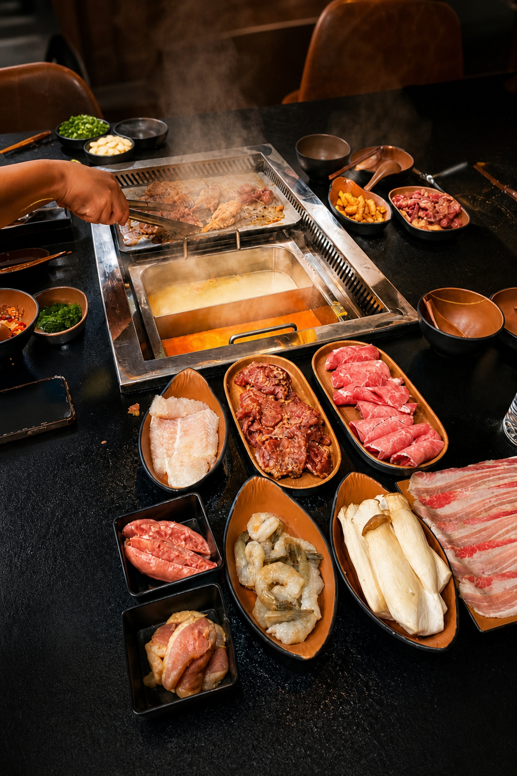 Hotpot and grill spread with meats, seafood, and vegetables at the table